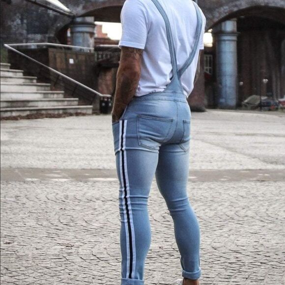 LIQUOR N POKER Blue Nevada With Blk/Wht Side Stripes Stonewashed Overalls Unisex - Picture 3 of 13